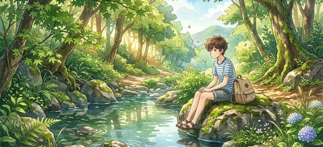 Girl sitting on rock by a calm forest river with backpack